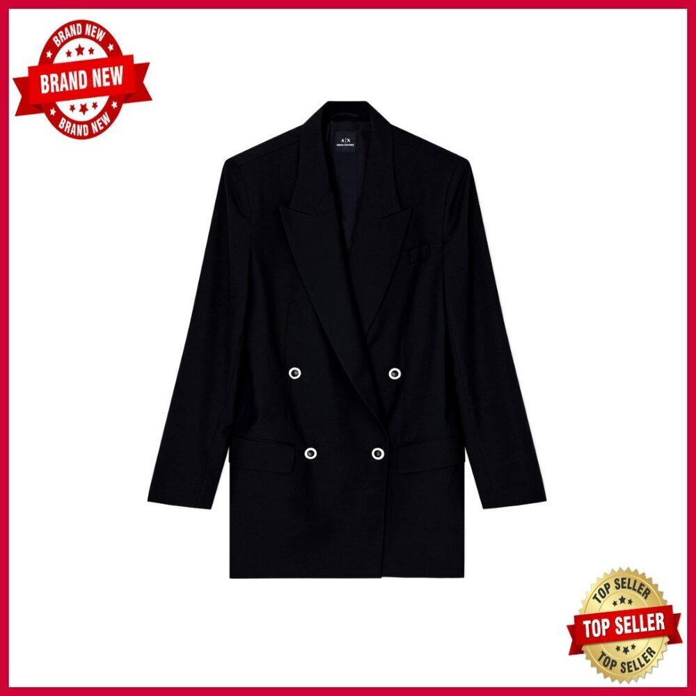Double Breasted Wool Blend Blazer, Notch Collar, Long Sleeve